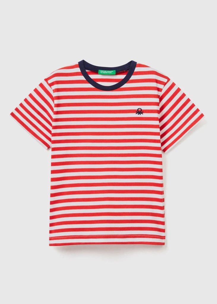 Boys Striped Cotton T-Shirt with Block Collar