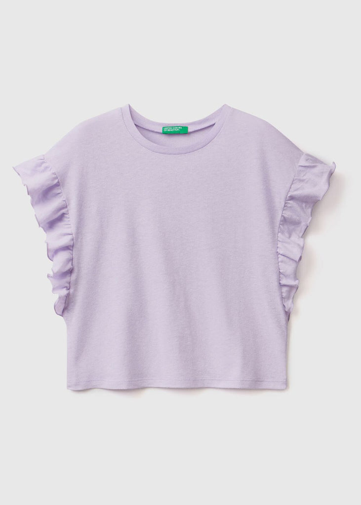 Girls Top in Linen Blend with Ruffles Along Sleeves