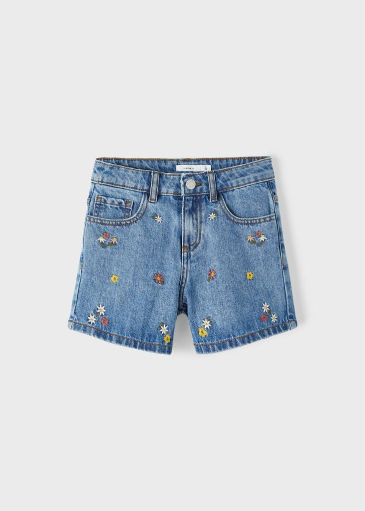 Girls Baggy Fit Denim Shorts with Embroidered Flowers