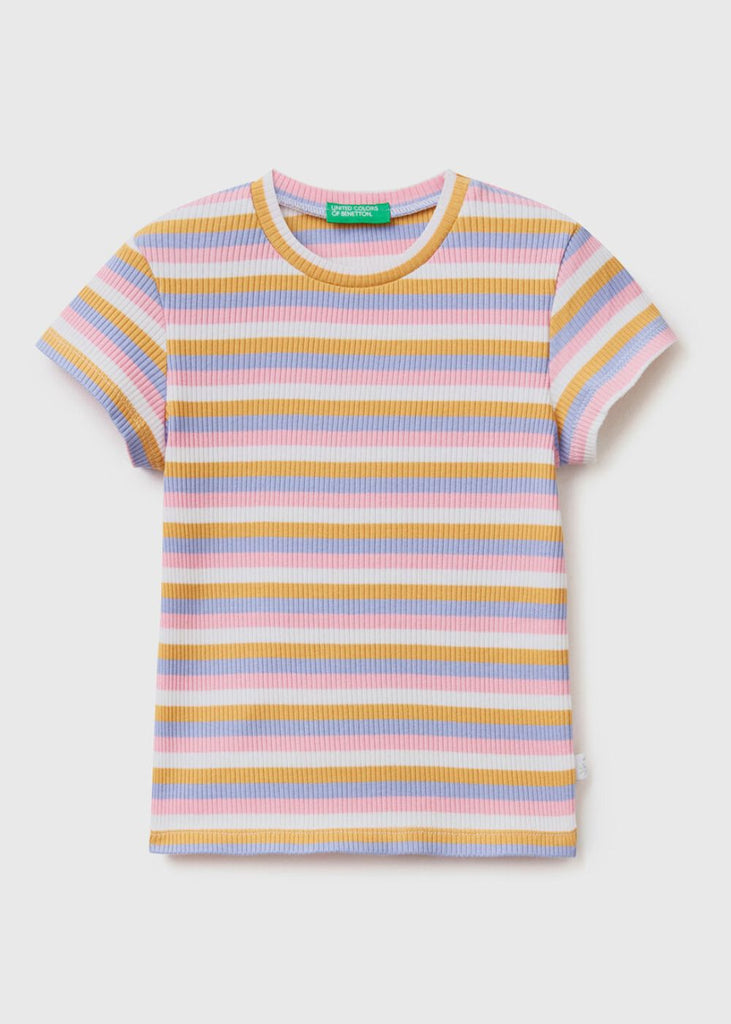 Girls Striped Ribbed T-Shirt in Stretch Cotton