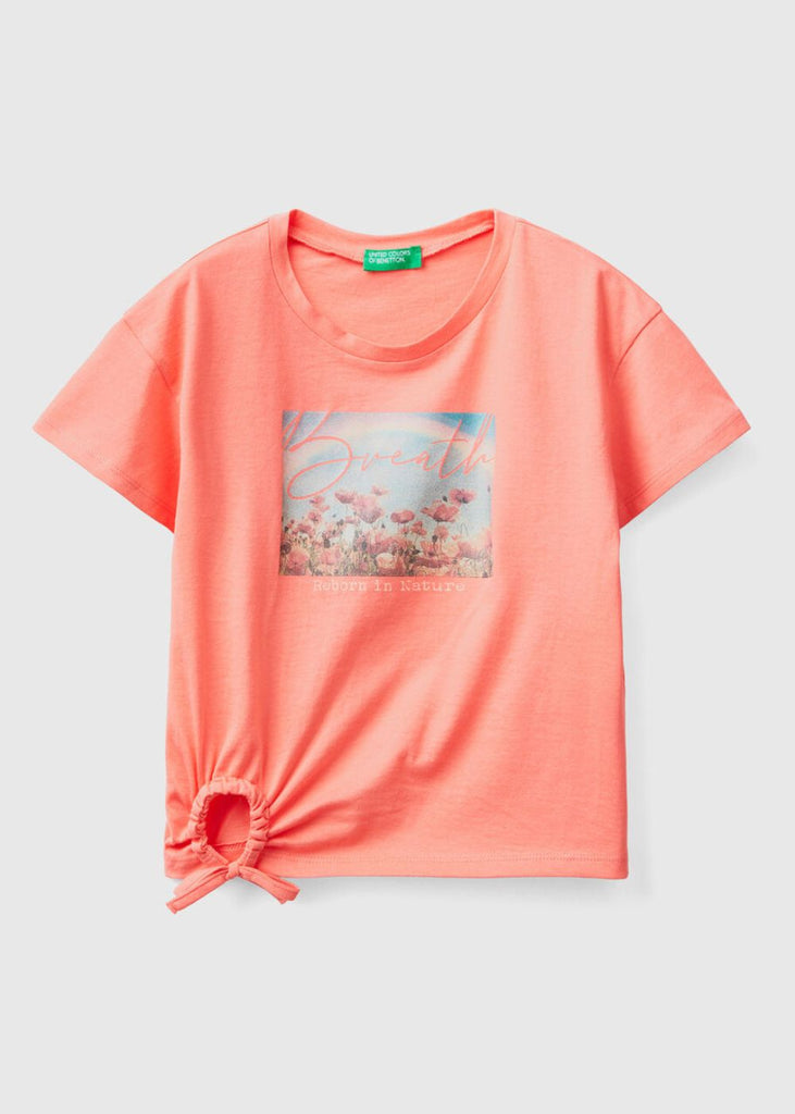 Girls Cropped T-Shirt with Tie Detail and Print