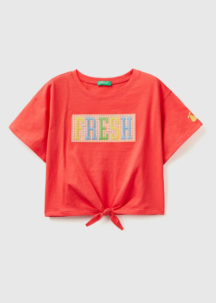Girls Red T-Shirt with Patch and Knot