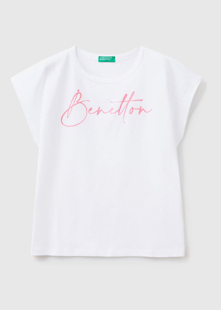 Girls T-Shirt with Embellished Glitter Cursive Logo Print