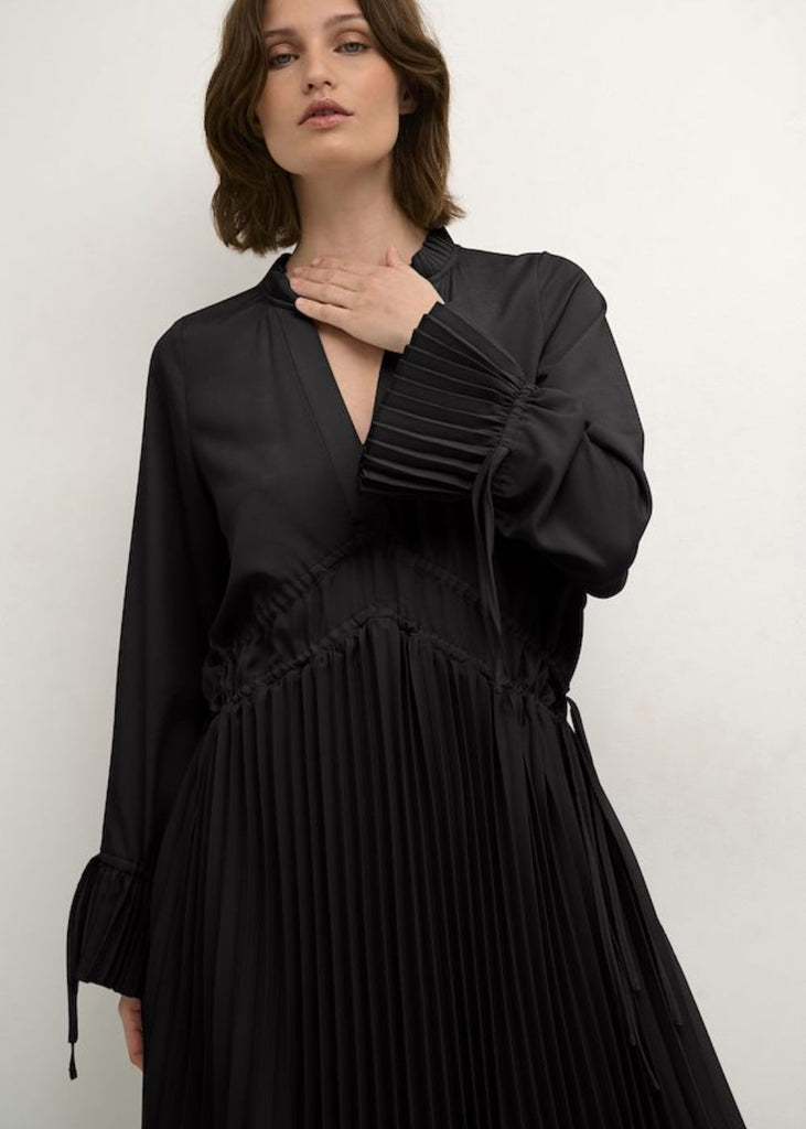 Black Pleated Satin Dress